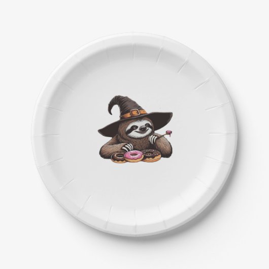 Funny Sloth in Witch Hat geniessen Donuts - Niedli Pappteller (Vorderseite)