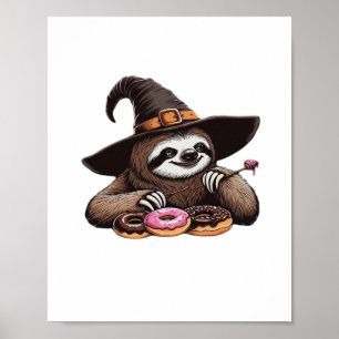 Funny Sloth in Witch Hat geniessen Donuts - Niedli Poster