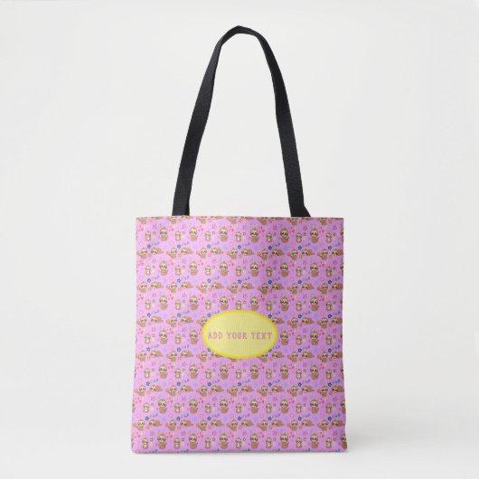 Funny Sloth Pink Floral Pattern | Text hinzufügen Tasche (Vorderseite)