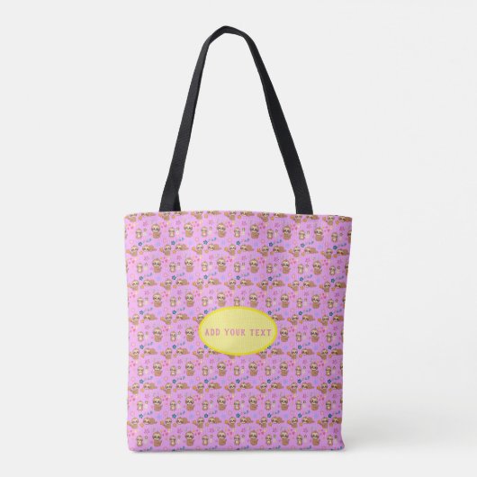Funny Sloth Pink Floral Pattern | Text hinzufügen Tasche (Rückseite)