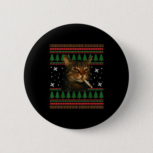 Funny Smoking Cat Meme Christmas Ugly Sweater Cat Button (Vorderseite)