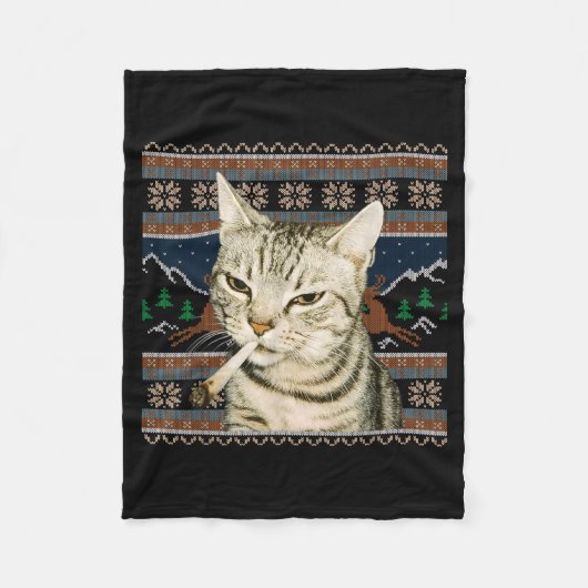 Funny Smoking Cat Meme Christmas Ugly Sweater Cat Fleecedecke (Vorderseite)