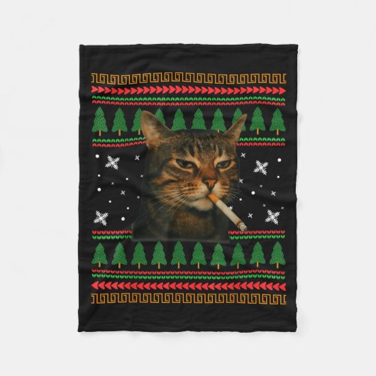 Funny Smoking Cat Meme Christmas Ugly Sweater Cat Fleecedecke (Vorderseite)