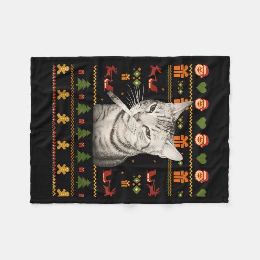 Funny Smoking Cat Meme Christmas Ugly Sweaters For Fleecedecke (Vorderseite (Horizontal))