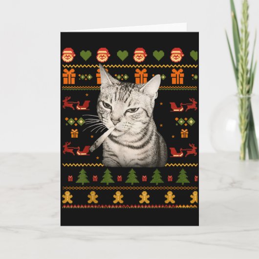 Funny Smoking Cat Meme Christmas Ugly Sweaters For Karte (Vorderseite)