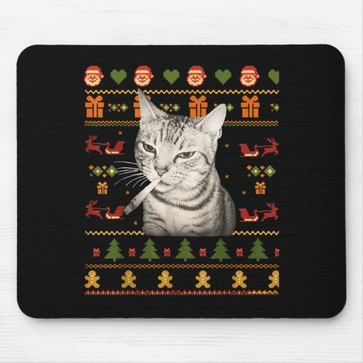 Funny Smoking Cat Meme Christmas Ugly Sweaters For Mousepad (Vorne)