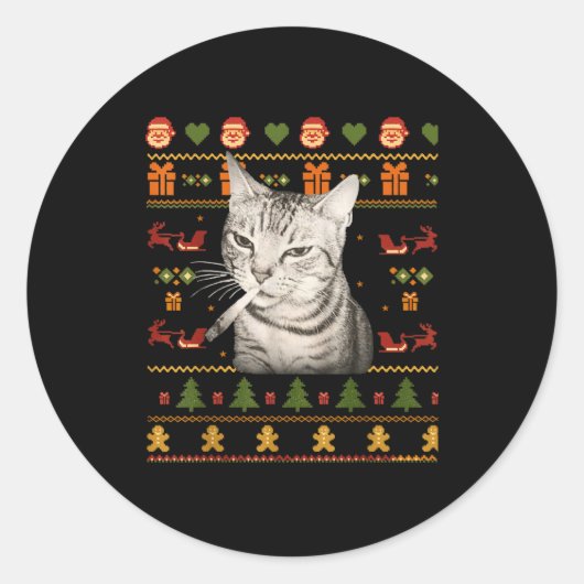 Funny Smoking Cat Meme Christmas Ugly Sweaters For Runder Aufkleber (Vorderseite)