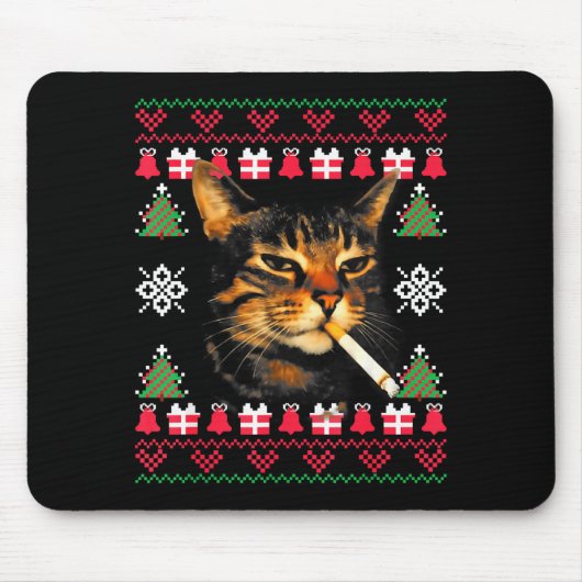 Funny Smoking Cat Meme Ugly Christmas Sweater For Mousepad (Vorne)