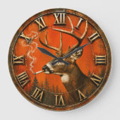 Funny Smoking Deer Rustic Hunting Cabin Große Wanduhr (Vorderseite)
