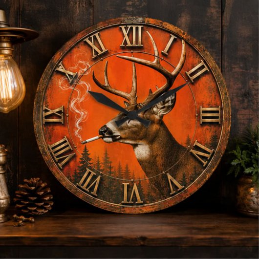 Funny Smoking Deer Rustic Hunting Cabin Große Wanduhr