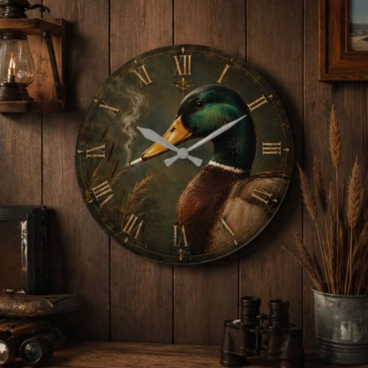 Funny Smoking Duck Hunter Cabin Große Wanduhr