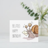 Funny Snail Belated Happy Birthday Card Cartoon Postkarte (Stehend Vorderseite)