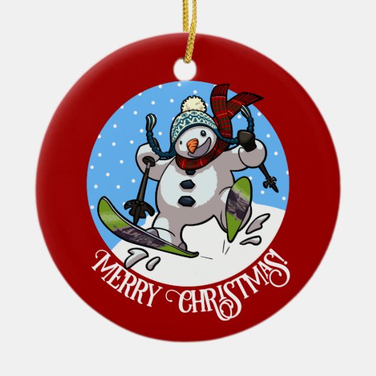 Funny Snowman Frohe Weihnachten! Skifahren Cartoon Keramik Ornament (Vorne)