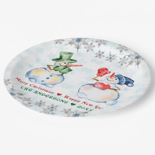 Funny Snowman Frohe Weihnachtskristalle Snowflakes Pappteller (Schrägansicht)