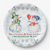 Funny Snowman Frohe Weihnachtskristalle Snowflakes Pappteller (Vorderseite)