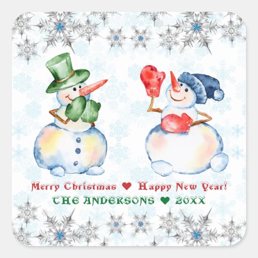 Funny Snowman Frohe Weihnachtskristalle Snowflakes Quadratischer Aufkleber (Vorderseite)