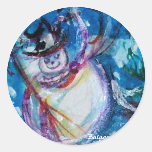 FUNNY SNOWMAN IN WINTERNACHT RUNDER AUFKLEBER (Vorderseite)