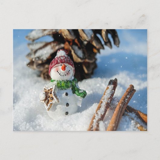 Funny Snowman isst Leckereien Postkarte (Vorderseite)
