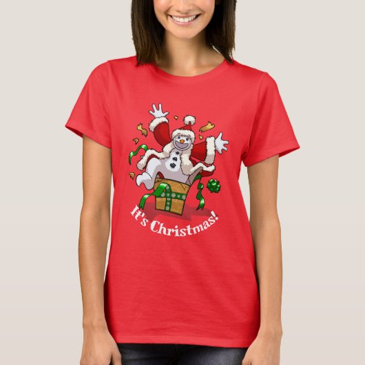 Funny Snowman It's Christmas! Big Surprise Cartoon T-Shirt (Vorderseite)
