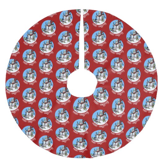 Funny Snowman Merry Christmas! Skiing Cartoon Polyester Weihnachtsbaumdecke (Vorderseite)