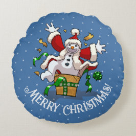 Funny Snowman Merry Christmas Surprise Cartoon Rundes Kissen