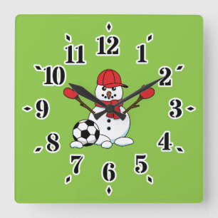 Funny Snowman mit Fußball Quadratische Wanduhr