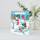 Funny Snowman mit Hot Chocolate Cartoon Postkarte (Stehend Vorderseite)