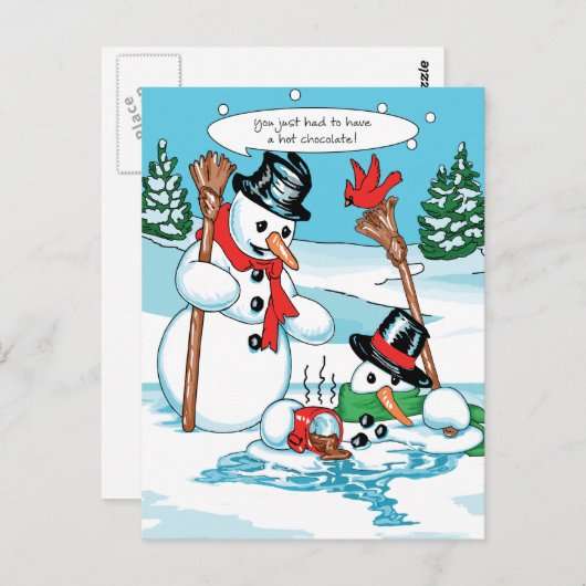 Funny Snowman mit Hot Chocolate Cartoon Postkarte (Vorne/Hinten)