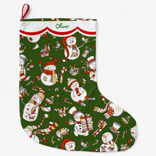 Funny Snowman Pattern auf Green Großer Weihnachtsstrumpf (Vorderseite)