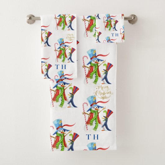 Funny Snowman Penguin Gold Glitzer Frohe Weihnacht Badhandtuch Set (Insitu)