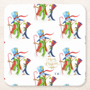 Funny Snowman Penguin Gold Glitzer Frohe Weihnacht Rechteckiger Pappuntersetzer