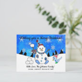 Funny Snowman wirft Snowball Weihnachten Postkarte (Stehend Vorderseite)