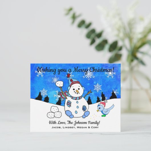 Funny Snowman wirft Snowball Weihnachten Postkarte (Stehend Vorderseite)
