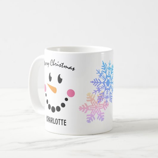 Funny Snowman's Face, Pink Cheeks, Frohe Weihnacht Kaffeetasse (Vorderseite Links)