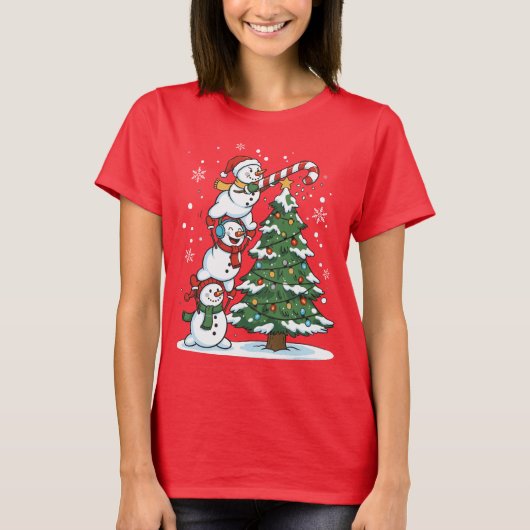 Funny Snowmen and Christmas Tree Cute Holiday T-Shirt (Vorderseite)