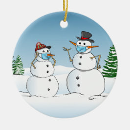 Funny Snowmen mit Gesichtsmasken Weihnachten Keramik Ornament