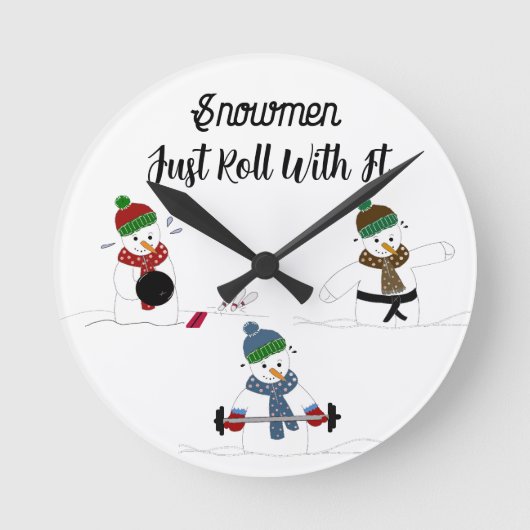 Funny Snowmen trainieren Runde Wanduhr (Vorderseite)