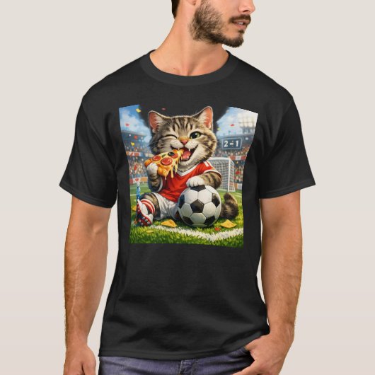 Funny Soccer Cat Eating Pizza Cartoon Design T-Shirt (Vorderseite)