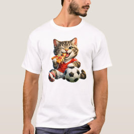 Funny Soccer Cat Eating Pizza Cartoon Design T-Shirt