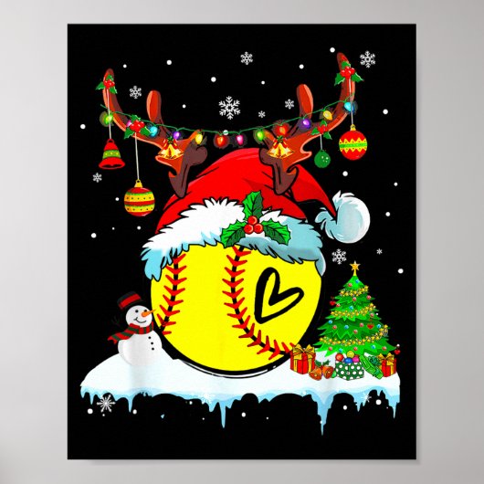 Funny Softball Christmas Reindeer Santa Hat Lights Poster (Vorne)