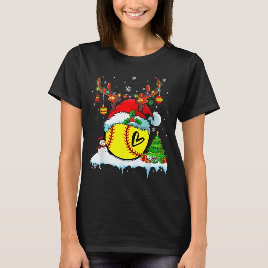 Funny Softball Christmas Reindeer Santa Hat Lights T-Shirt (Vorderseite)