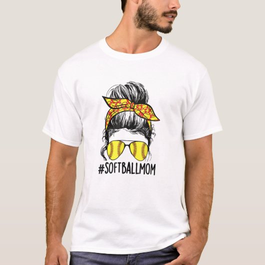 Funny Softball Mama Messy Bun Mama Mutter Day Spo T-Shirt (Vorderseite)
