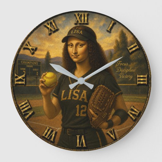 Funny Softball Mona Lisa Pitcher Gift Große Wanduhr (Vorderseite)