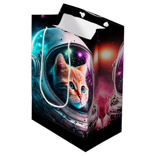 Funny Space Cat Astronaut Kitty Galaxy Universe Mittlere Geschenktüte (Vorderseite Schrägansicht)