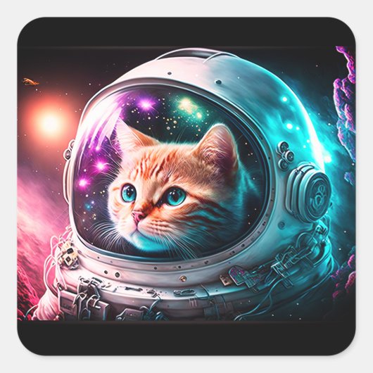 Funny Space Cat Astronaut Kitty Galaxy Universe Quadratischer Aufkleber (Vorderseite)