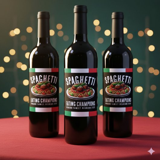 Funny Spaghetti Eating Champion Family Reunion Weinetikett