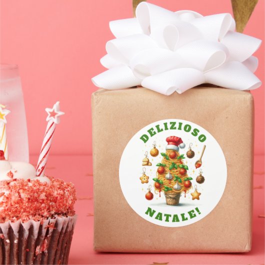 Funny Spaghetti Weihnachtsbaum Delizioso Natale! Runder Aufkleber (Party)