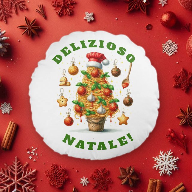 Funny Spaghetti Weihnachtsbaum Delizioso Natale! Rundes Kissen (Funny Christmas Spaghetti Tree Round Pillow Cover Photo)