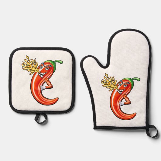 Funny Spicy Chili on Fire Ofenhandschuh & Topflappen-Set (Vorderseite)