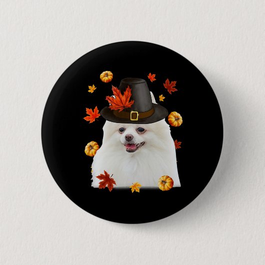 Funny Spitz Hund Pilgrim Hat Fall glücklich Danke Button (Vorderseite)